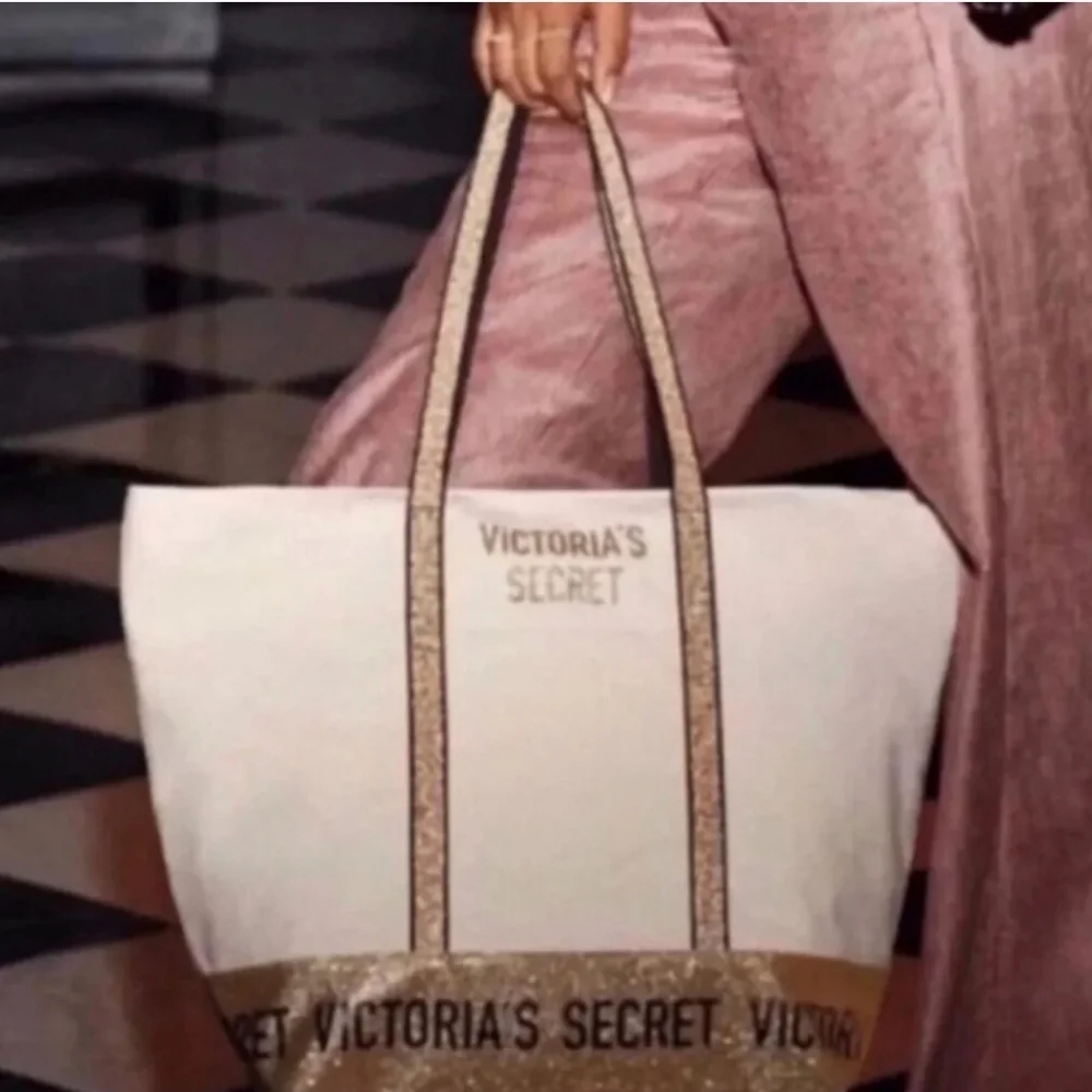 Victoria’s Secret Canvas & Gold Glitter Trim Tote Bag Zipper Top - Picture 14 of 14